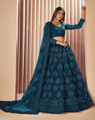 LADY SHOPI Embroidered Semi Stitched Lehenga Choli(Dark Blue)