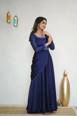 AARAVDESIGNER Solid Semi Stitched Lehenga Choli(Dark Blue)