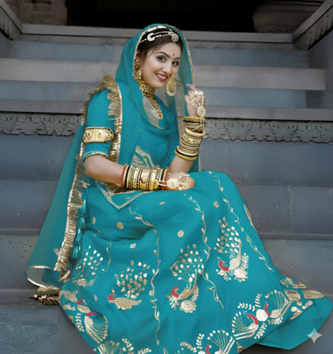 New Pooja Embroidered, Embellished Semi Stitched Rajasthani Poshak(Blue)