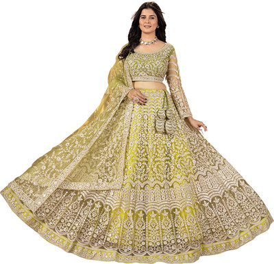 JINIMART Embroidered Semi Stitched Lehenga Choli(Gold)