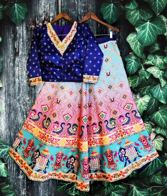 SEIKETSU Digital Print Semi Stitched Lehenga & Crop Top(Blue)