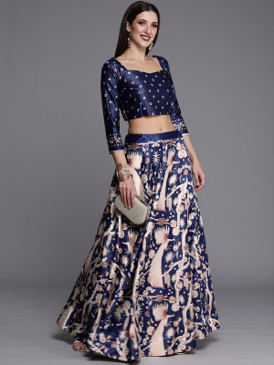 Kaizen Internatioanal Digital Print Semi Stitched Lehenga & Crop Top(Blue)