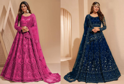 Cute Fellow Embroidered Semi Stitched Lehenga Choli(Pink, Dark Blue)