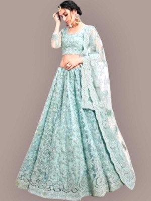 Kitvillaa Embroidered Semi Stitched Lehenga Choli(Multicolor)