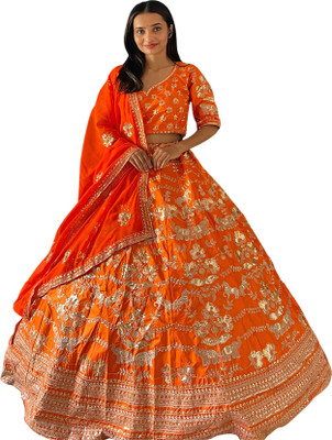 VIBHULEHENGA Embroidered Semi Stitched Lehenga Choli(Orange)