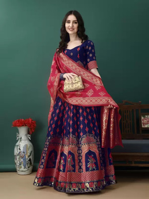 Sonu Creation Self Design Semi Stitched Lehenga Choli(Dark Blue)