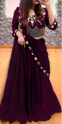 Hemlata Embroidered Semi Stitched Lehenga & Crop Top(Purple)