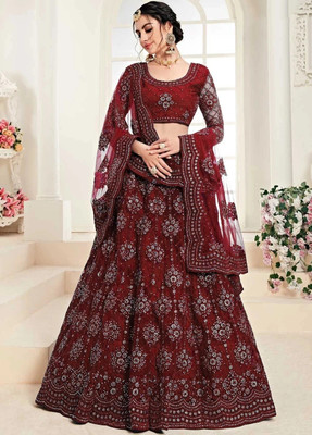 KOMAL Embroidered Semi Stitched Lehenga Choli(Maroon)
