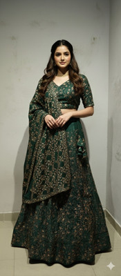 Radhe Fashion Embroidered Semi Stitched Lehenga Choli(Green, Pink, Pink, Yellow)