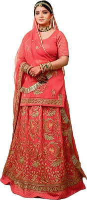 Bhawani saree center Embroidered Semi Stitched Rajasthani Poshak(Pink)