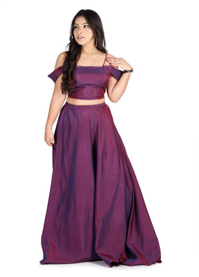 KIYOO Solid Stitched Lehenga & Crop Top(Purple)