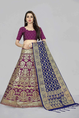 Fabcartz Embellished Semi Stitched Lehenga Choli(Purple, Dark Blue, Gold)