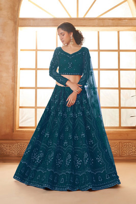 TRIVORA Embroidered Semi Stitched Lehenga Choli(Blue)
