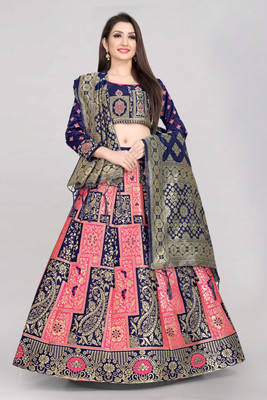 Fabcartz Self Design Semi Stitched Lehenga Choli(Pink, Dark Blue)