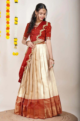 OASIS Embroidered Semi Stitched Lehenga Choli(Red, Gold)