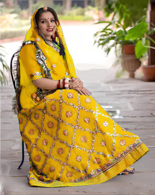 KalyaniTextile Embroidered Semi Stitched Rajasthani Poshak(Yellow)