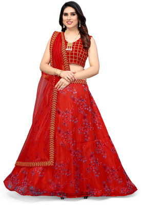 S.B Creation Floral Print Semi Stitched Lehenga Choli(Red, Gold)