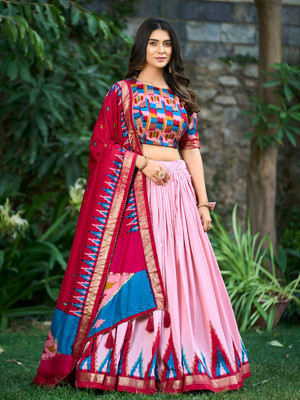 KRISHU ETHNICS Floral Print Semi Stitched Lehenga Choli(Pink)