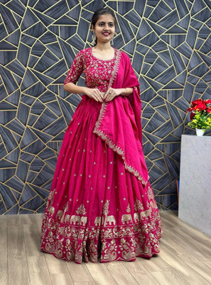 Shree Aavad Enterprise Embroidered Semi Stitched Lehenga Choli(Pink)