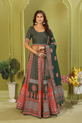 KRISHU ETHNICS Digital Print Semi Stitched Lehenga Choli(Dark Green, Red)