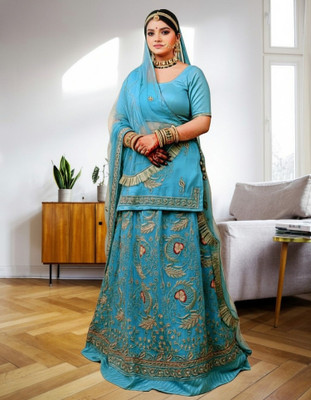 Bhawani Collection Embroidered Semi Stitched Rajasthani Poshak(Light Blue)