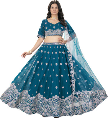 KAPANKU Embroidered Semi Stitched Lehenga Choli(Blue)