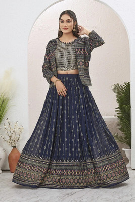 chansi Trendz Printed Stitched Lehenga with Jacket(Dark Blue)