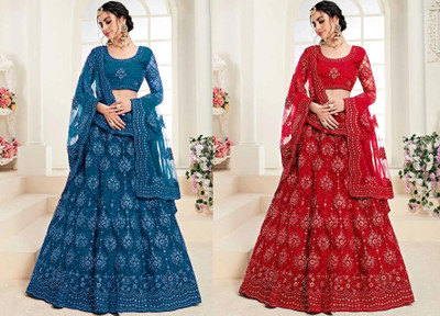 Cute Fellow Embroidered Semi Stitched Lehenga Choli(Blue, Red)