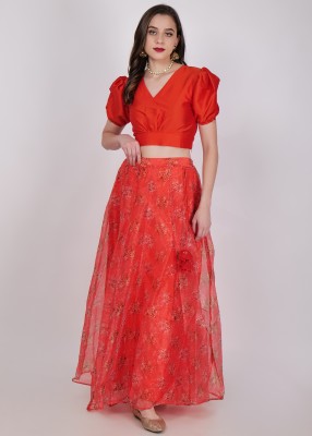 Frolic Rolic Floral Print Stitched Lehenga & Crop Top(Red)