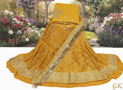 Shreemanji trading Embroidered Semi Stitched Rajputi Poshak(Yellow)