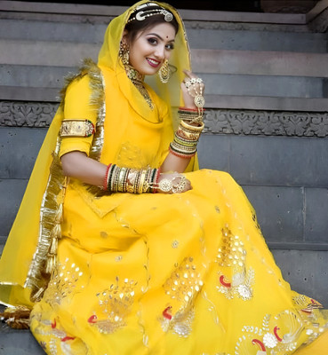 Anjani Textile Embroidered Semi Stitched Rajasthani Poshak(Yellow)