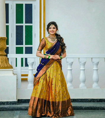 R K INFINITIVE Self Design Semi Stitched Lehenga Choli(Gold, Dark Blue)