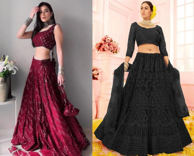 Udbhav Export Embellished Semi Stitched Lehenga Choli(Maroon, Black)