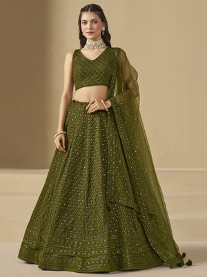 FabPixel Embroidered Semi Stitched Lehenga Choli(Light Green)