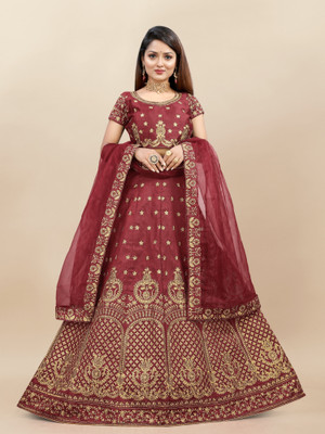 LADY SHOPI Embroidered Semi Stitched Lehenga Choli(Maroon)