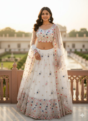 AASMA Embroidered, Embellished, Digital Print Semi Stitched Lehenga Choli(White, Red)