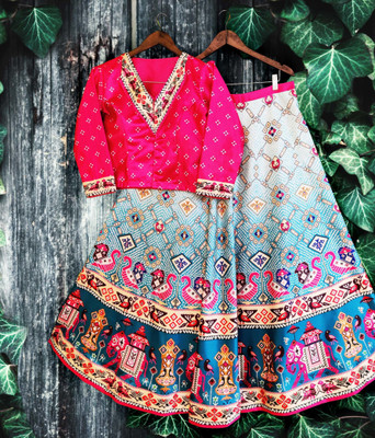 SEIKETSU Digital Print Semi Stitched Lehenga & Crop Top(Pink)