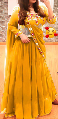 Anjani Textile Embellished Semi Stitched Lehenga & Crop Top(Yellow)
