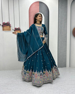 S.B Creation Embroidered Semi Stitched Lehenga Choli(Dark Green)