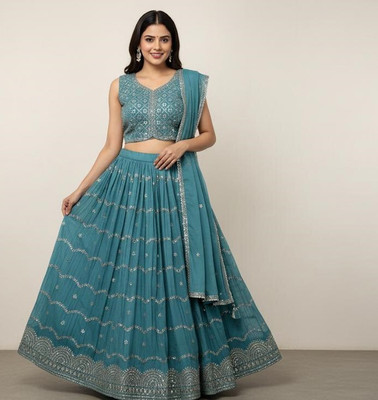 pinklaady Embroidered Stitched Lehenga Choli(Blue)