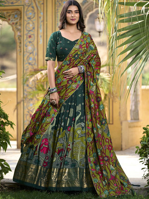 GUNHILD Floral Print Semi Stitched Lehenga Choli(Light Green, Green)