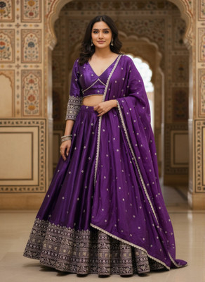 Crissy Embroidered Semi Stitched Lehenga Choli(Purple)
