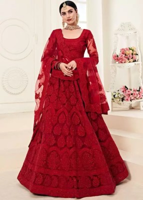 NJ FASHION Solid, Embroidered, Embellished, Self Design Semi Stitched Lehenga Choli(Red)