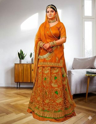 Bhawani Collection Embroidered Semi Stitched Rajasthani Poshak(Yellow)