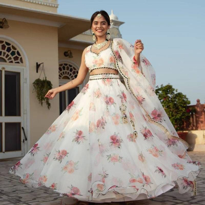 Krunal Enterprise Floral Print Semi Stitched Lehenga Choli(White)
