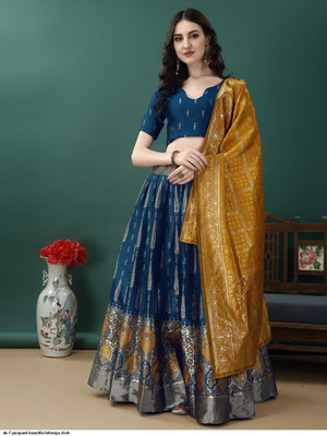 kaizen International Printed Semi Stitched Lehenga Choli(Dark Blue)