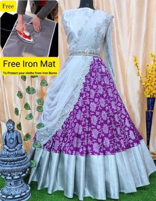 Ethno Style Floral Print Semi Stitched Lehenga Choli(Purple)