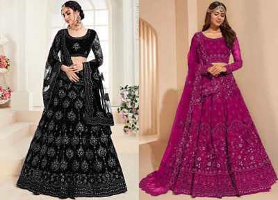 Udbhav Export Embroidered Semi Stitched Lehenga Choli(Black, Pink)