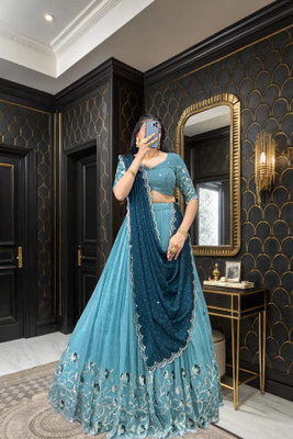 viraasat Embroidered Semi Stitched Lehenga Choli(Light Blue)