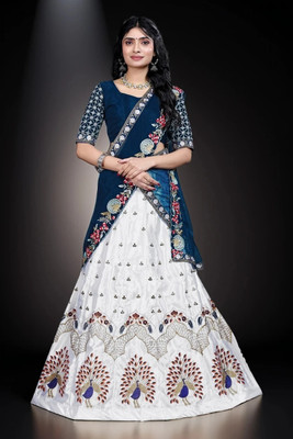 HOUSE OF COMMON Embroidered Semi Stitched Lehenga Choli(White)